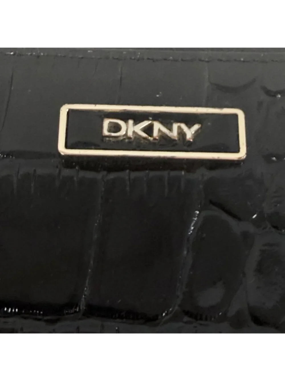 DKNY Black Croc Embossed Faux Leather Zip-Around Wallet With Wristlet Strap